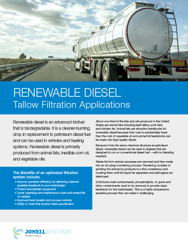 Renewable Diesel is made possible via tallow feed filters